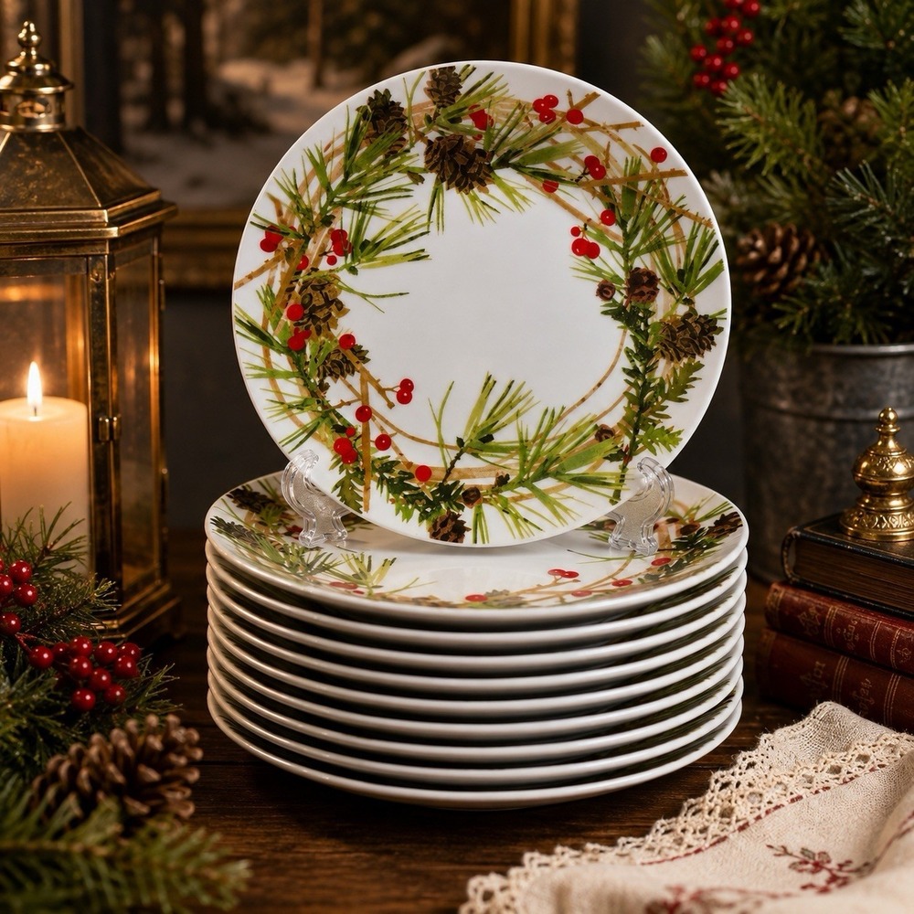 Hallmark Christmas Pinecone Berry 8.25" Plates Set of 12 Holiday Dinnerware